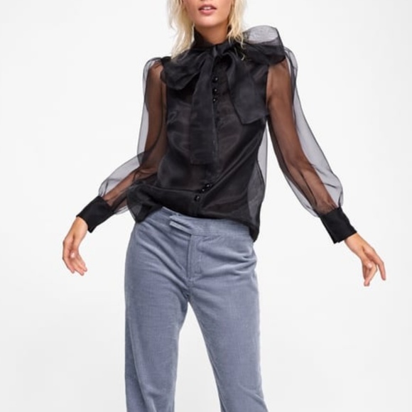 zara black sheer bow blouse